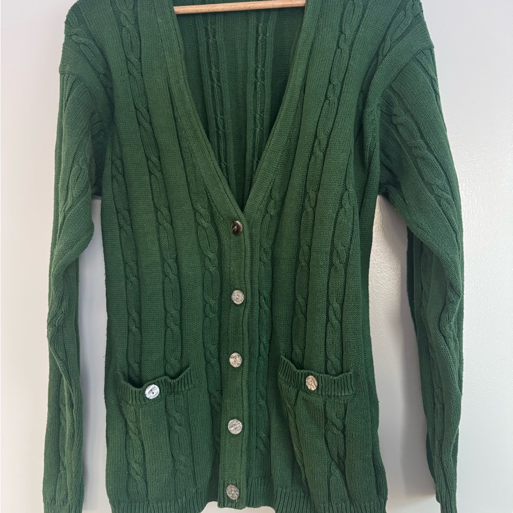 VNTG Talbots Sweater Med. Green Cardigan Button Up 90s Cable Knit Cotton Grandma